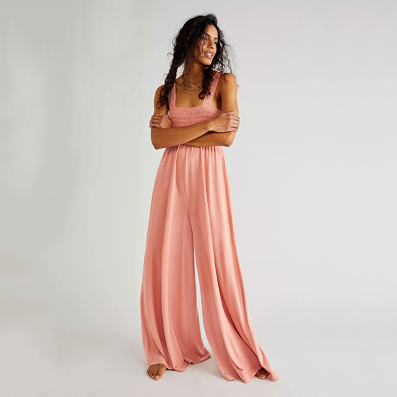 Women Clothes Manufacturer Factory Supplier Pink Shirred Bodice Romper Summer Beach Wear
